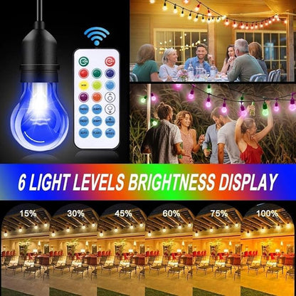 Auroraworld 105FT RGB Outdoor String Lights, Dimmable Color Changing Waterproof LED Patio Lights with Remote, 32 Shatterproof Bulbs for Backyard Garden Party Decor