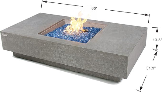 Elementi+ | Monte Carlo Gas Fire Pit Cast Concrete 60" Rectangular Fire Table, Outdoor Fire Pit Electronic Ignition | Canvas Cover, Fire Glass and Burner Lid Included | Light Gray | Natural Gas