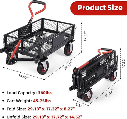 Heavy Duty Steel Garden Dump Cart,Meatl Utility Wagon with Removable Sides & 180° Rotating Handle, Utility Dump Cart with 10-Inch All Terrain Wheels for Yard Lawn and Farm