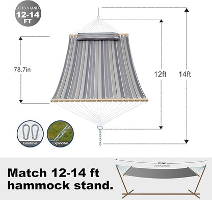 Double Quilted Fabric Tree Hammock with Spreader Bar, 14ft Hammocks 2 Person for Outside, Fits 12ft -14ft Hammock Stand, Pillow & Side Pockets & Carabiners, Max 475 lbs Capacity (Peace Dove)