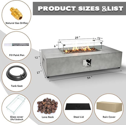 2-Piece 54" Outdoor Propane Fire Pit Table Set, 50,000 BTU Rectangle Concrete Gas Fire Pit Coffee Table W Glass Wind Guard, Lava Rocks, Waterproof Cover for Patio, Backyard, Garden, Porch, Deck