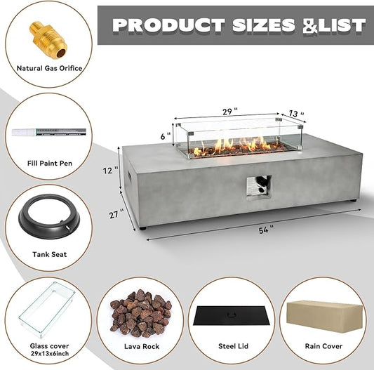 2-Piece 54" Outdoor Propane Fire Pit Table Set, 50,000 BTU Rectangle Concrete Gas Fire Pit Coffee Table W Glass Wind Guard, Lava Rocks, Waterproof Cover for Patio, Backyard, Garden, Porch, Deck