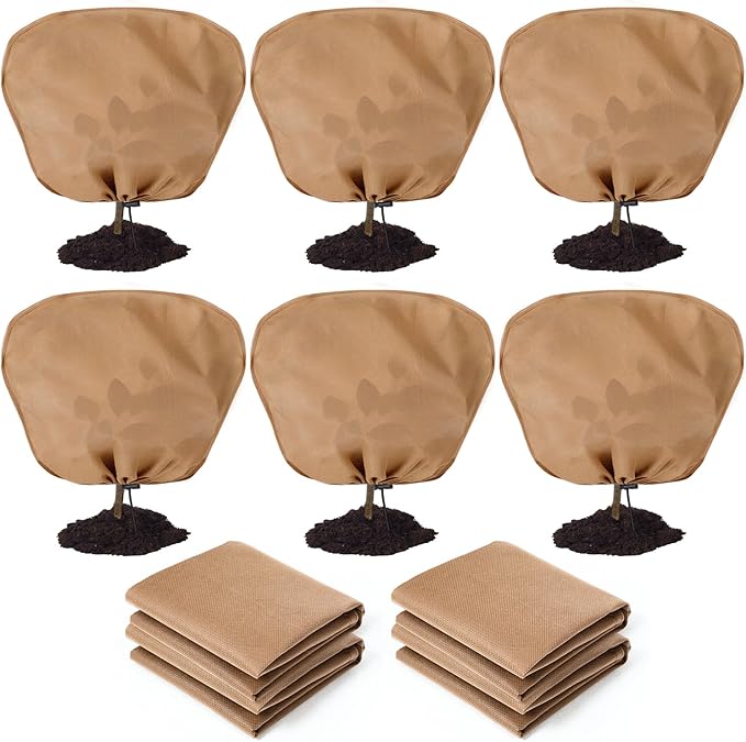 6 Pcs Winter Plant Covers Freeze Protection Reusable Plant Protector Bag with Drawstring Warm Shrubs Cover Frost Protection Planting Jacket Bags for Outdoor Garden, Brown (39.4 x 31.5 Inch)