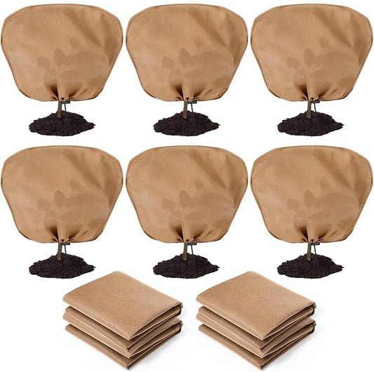 6 Pcs Winter Plant Covers Freeze Protection Reusable Plant Protector Bag with Drawstring Warm Shrubs Cover Frost Protection Planting Jacket Bags for Outdoor Garden, Brown (39.4 x 31.5 Inch)