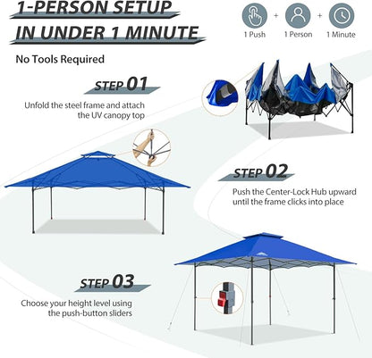 EAGLE PEAK 13x13 Straight Leg Pop Up Canopy Tent Instant Outdoor Canopy Easy Single Person Set up Folding Shelter w/Auto Extending Eaves 169 Square Feet of Shade (Blue)