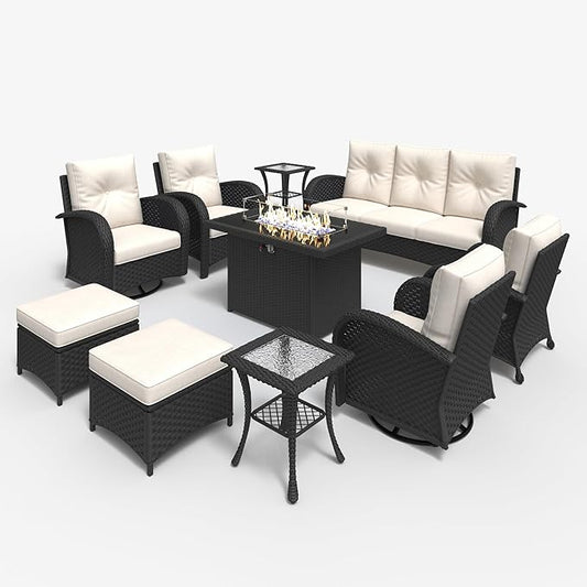 LayinSun 10 Pieces Outdoor Patio Furniture Set with Fire Pit Table, Rattan Wicker Sectional Swivel Rocker Chairs Sets