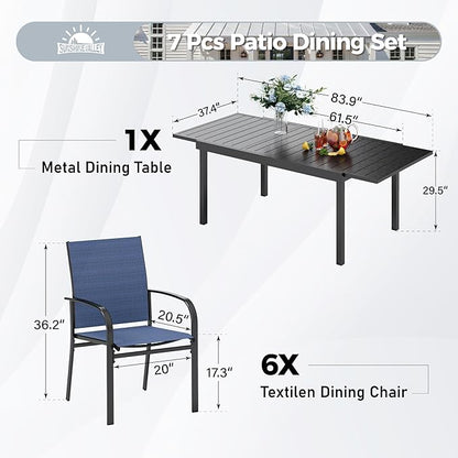 7 PCS Patio Dining Set for 6, Rectangular Extendable Dining Table with 6 Metal Chairs, Outdoor Table and Chairs Set for Lawn Garden Backyard and Deck, Blue