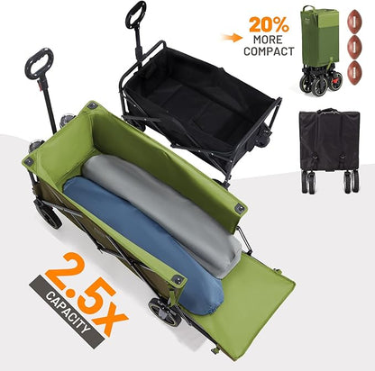 Timber Ridge 49" Extra Long Collapsible Folding Wagon with Tailgate and Brakes, 300lbs Heavy Duty Foldable Wagon with Adjustable Handle, 250L Capacity Portable Cart for Outdoor Camping Sports, Green