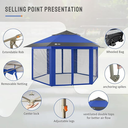 CROWN SHADES 13x13 Pop up Gazebo with Mosquito Nettings, Patented Center Lock 6-Sided Portable Gazebo, 300D Silver-Coated Fabric UV Resistant, Pop Up Canopy Tent for Patio, Party, Blue&Light Grey