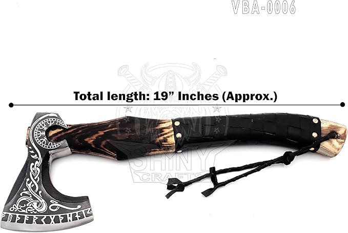 SHINY CRAFTS® Handcrafted Decorative Viking Axe with Leather-Wrapped Handle & Sheath – Engraved Blade – Ceremonial Collectible Gift for Men, Warriors, History Buffs, Cosplay & Display (VBA-06)