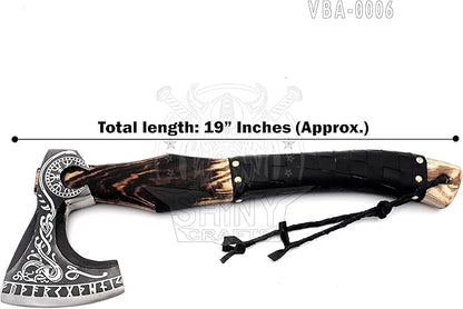 SHINY CRAFTS® Handcrafted Decorative Viking Axe with Leather-Wrapped Handle & Sheath – Engraved Blade – Ceremonial Collectible Gift for Men, Warriors, History Buffs, Cosplay & Display (VBA-06)