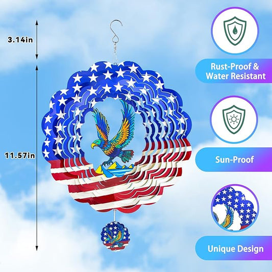 Wind Spinners,12 inch American Eagle with 360° Swivel Hook for Yard and Garden, Bird Wind Catcher, Metal Wind Spinners Outdoor for Lawn Hanging Crafts Decor Kinetic Yard Art Ornament Gifts