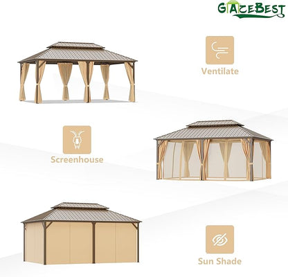 12x18 ft Hardtop Gazebo Outdoor Aluminum Patio Gazebo Double Roof Galvanized Steel Canopy with Netting and Curtains for Garden, Backyard, Deck and Lawns.