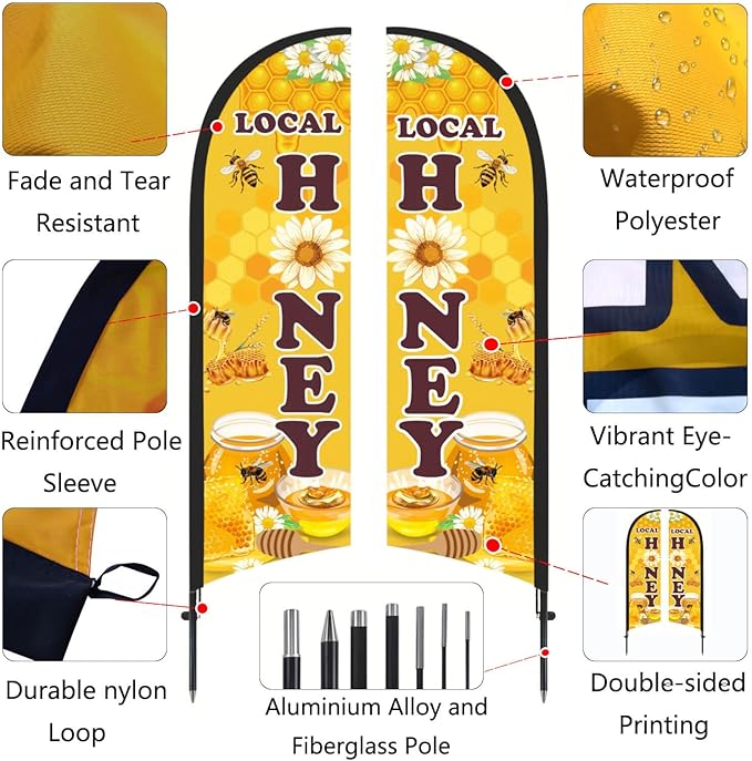 Honey for Sale Sign Feather Flag, 9.18FT Double-Sided Outdoor Advertising Swooper Banner with Pole Kit & Ground Stake – Tear-Resistant Polyester Feather Flag for Shops, Events & Promotions
