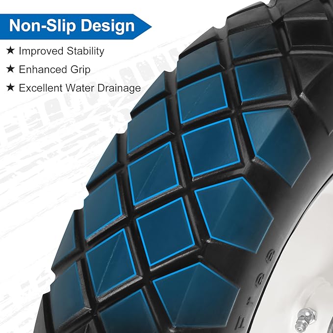 4.80/4.00-8" Flat Free Wheelbarrow Tire and Wheels, 16" Universal Fit Solid Tire with 5/8" or 3/4" Bearing, 3"-7" Hub, Adapter Kit Hand Truck Wheel Replacement for Garden Trailer, Wagons, 1 PCS