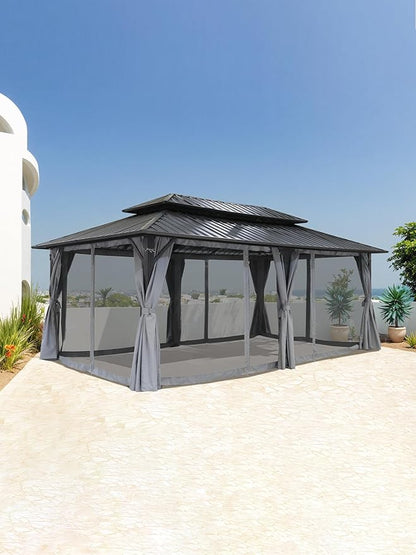 12' x 20' Hardtop Gazebo, Outdoor Patio Gazebo, Aluminum Frame Patio Hardtop Gazebos with Netting and Curtain, Outdoor Patio Pergola with Double Steel Roofs for Deck, Lawn, Parties, Slate Gray