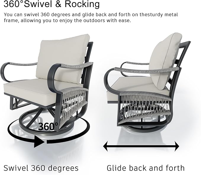 11 Pieces Outdoor Patio Conversation Sets with All Weather Cushions, Metal 2 Three-Seater, 4 Swivel Rockers, 2 Single Chairs, 2 Side Tables, 1 Fire Pit Table for Backyard Deck Porch Poolside, Beige