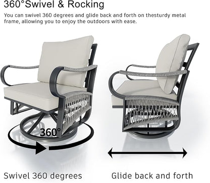 10 Pieces Outdoor Patio Conversation Sets with All Weather Cushions, Metal 3-Seater, 4 Swivel Rockers, 2 Single Chairs, 2 Side Tables, 1 Fire Pit Table for Backyard Deck Porch Poolside, Beige