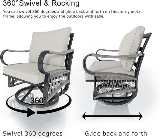 8 Pieces Outdoor Patio Conversation Sets with All Weather Cushions, Metal 2 Three-Seater, 2 Swivel Rockers, 2 Single Chairs, 1 Side Tables, 1 Fire Pit Table for Backyard Deck Porch Poolside, Beige