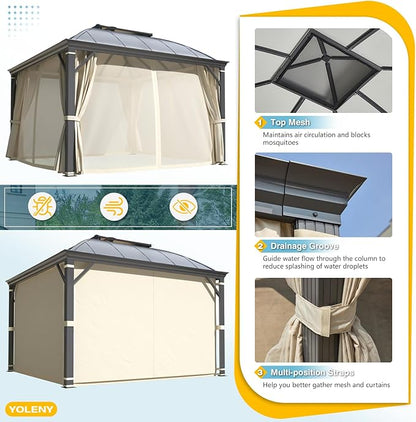 YOLENY 12'x12' Hardtop Gazebo, Permanent Outdoor Aluminum Patio Gazebo with Aluminum Composite Double Arc Roof for Patio Lawn and Garden, Curtains and Netting Included