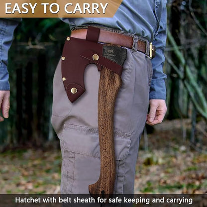 Hatchet Axe, 15.7" Camping Hatchet with Leather Sheath, Bushcraft Axe with 1065 Carbon Steel & Beech Handle, Survival Axe for Wood Splitting and Chopping - Perfect for Gardening and Outdoor