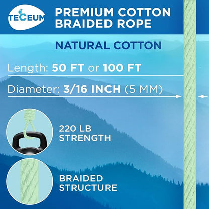 TECEUM Cotton Rope 3/16” (5 mm) – 100 FT – Strong All-Purpose Braided Rope – Natural Cotton – for Crafting, Сamping, Clothes Line, DIY, Indoor & Outdoor Use – Mint