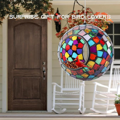Yinns Mosaic Bird Feeder, Hanging Glass Birds Feeder, Fly Through Bird Feeder with Oval Stained Glass, Outdoor Garden Decor, 6.5 inch Purple