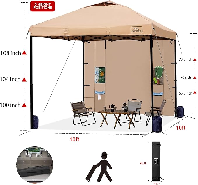 KAMPKEEPER 10x10 Easy Pop Up Canopy Tent with Sidewalls, Instant Outdoor Shade Shelter with Removable 10FT Sun Walls, Quick Setup Waterproof and UV-Resistant for Patio (Khaki, 1 sidewall)