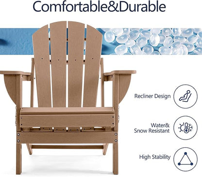 Folding Adirondack Chair, HDPE Outdoor Texture Lawn Chair with Reclining Back, Cup and Phone Holder - Comfortable Firepit Chair Weather Resistant for Patio or Backyard (Brown, Set of 2)