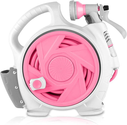 Kitness Mini Retractable Garden Hose Reel, Portable Simple Home 45+5 FT Hose Reel with 7 Adjustable Patterns Spray Nozzle&Standard Connector, Watering Hose Reel for Gardens Yards and lawns (Rose red)