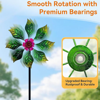 Solar Glow Garden Wind Spinner Outdoor, 13" W Flower Metal Wind Spinner & Sculptures with Fluorescent Coating, Kinetic Windmill for Yard Lawn Patio Decor