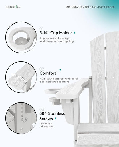SERWALL Folding Adirondack Chair Set of 2, Reclining Adirondack Chair with 3 Recline Positions, All Weather HDPE Outdoor Adirondack, White
