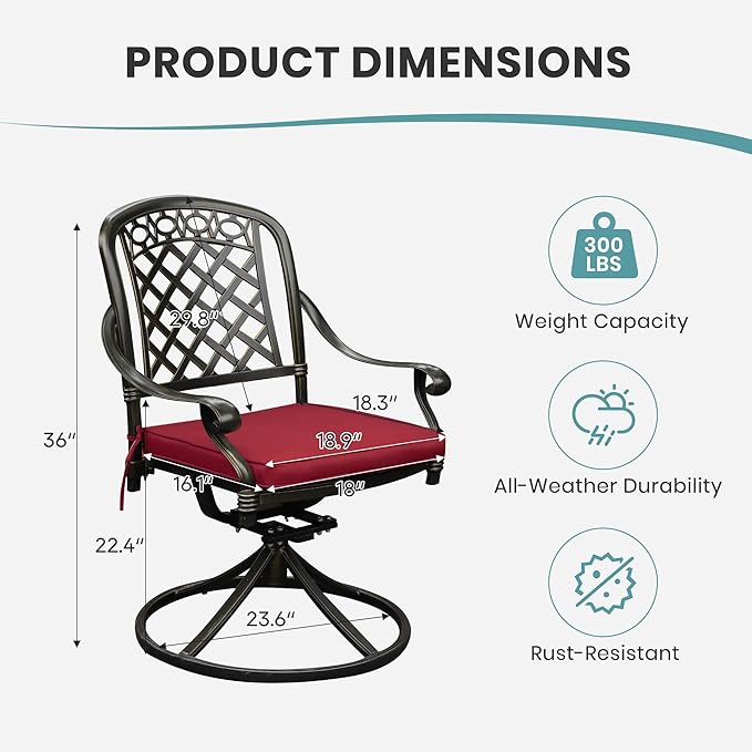 Set of 6 Cast Aluminum Patio Chairs with Cushions, All-Weather Aluminum Outdoor Swivel Chairs, Metal Outdoor Rocking Chairs for Backyard, Poolside and Bistro(Red, 6 Pieces)