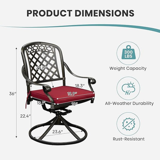 Set of 4 Cast Aluminum Patio Chairs with Cushions, All-Weather Aluminum Outdoor Swivel Chairs, Metal Outdoor Rocking Chairs for Backyard, Poolside and Bistro (Red, 4 Pieces)