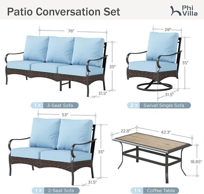 PHI VILLA Outdoor Modern Patio Furniture Set, Upgraded Wicker&Metal Patio Furniture Conversation Set with Waterproof Thick Cushions for Porch, Poolside, Deck, and Yard (5 Pieces,Blue)