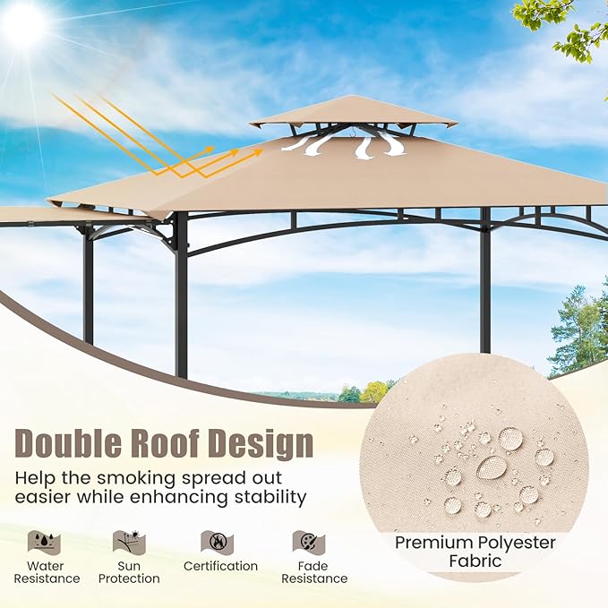 HAPPYGRILL Outdoor Grill Gazebo Canopy 11 x 5 FT, Barbecue Canopy with Double-Tiered Top, 2 Side Shelves, Hanging Hooks, Bottle Opener, Metal Frame, BBQ Grilling Shelter