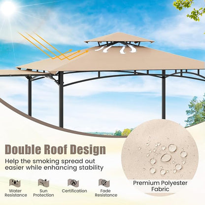 HAPPYGRILL Outdoor Grill Gazebo Canopy 11 x 5 FT, Barbecue Canopy with Double-Tiered Top, 2 Side Shelves, Hanging Hooks, Bottle Opener, Metal Frame, BBQ Grilling Shelter
