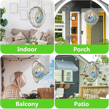Peacock Wind Spinner, 3D Hanging Stainless Steel Garden Spinner, Wind Spinner Hanging for Outdoor & Indoor Décor, Unique Gifts for Yard Garden Decoration or Patio Décor (Peacock)
