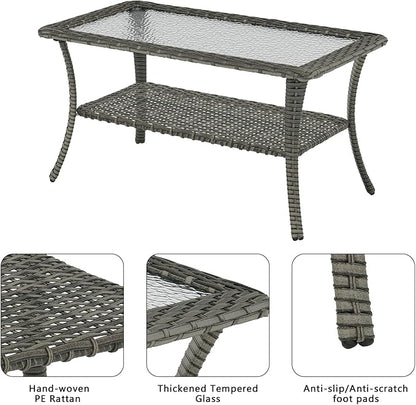 Outdoor Wicker Patio Furniture Set - 6 Piece Rattan Patio Conversation Set with 2 Rocking Swivel Chairs,2 Ottomans,1 Sofa and 1 Coffee Table for Porch Deck Backyard Garden(Mixed Grey/Blue)