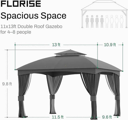 Heavy Duty Gazebo, 11 x 13 Ft Outdoor Patio Pavilion with Galvanized Steel Metal Frame and Double Roof, Curtain and Netting Included, for Outside, Garden, Yard & Lawn