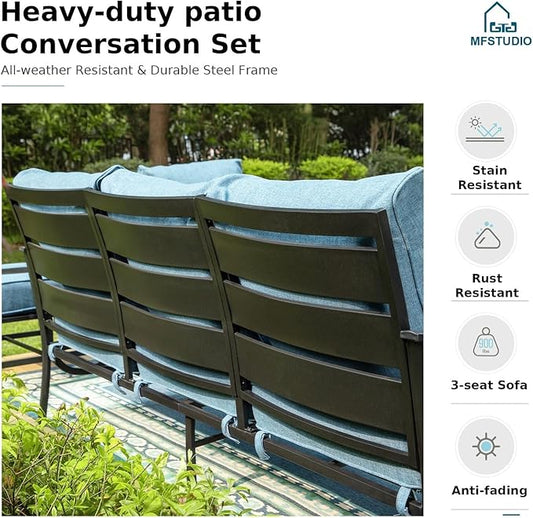 MFSTUDIO 6 Pieces Metal Patio Furniture Sets, 2 Swivel Chairs, 3-Seat Loveseat Sofa, 2 Patio Chairs & 1 Marbling Coffee Table, All Weather 7 Seats Outdoor Conversation Set for Garden Backyard, Navy