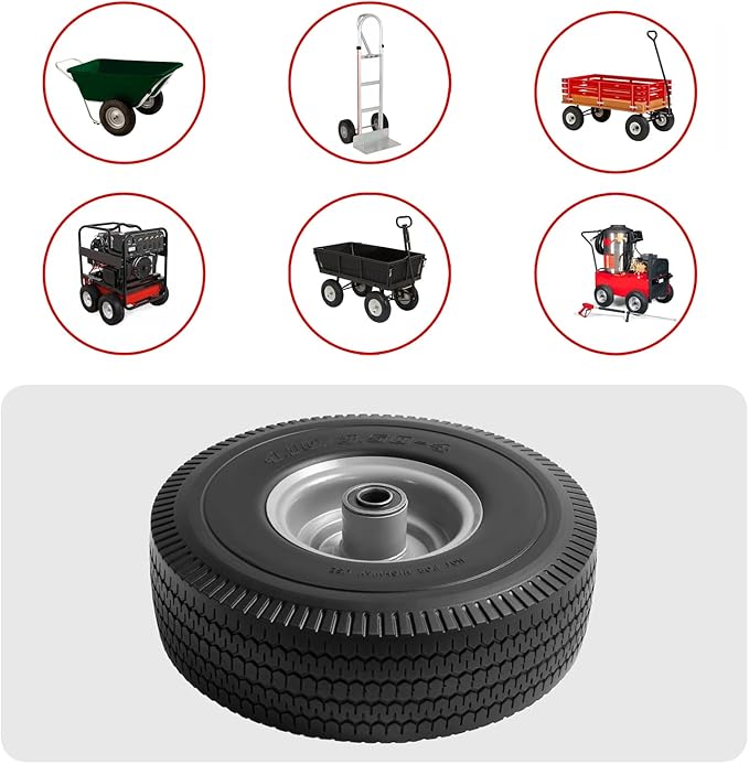 10" Solid Tire Replacement 4.10/3.50-4 Flat Free Tire and Wheel for Garden Carts, Hand Trucks, Wheelbarrows,10x3.50-4" with 5/8" Axle Bore & 2 1/4" Offset Hub (2 Pack)