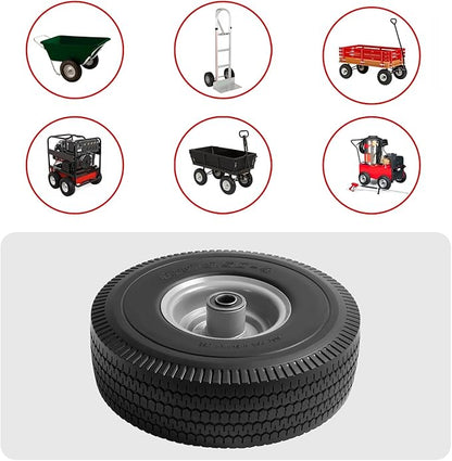10" Solid Tire Replacement 4.10/3.50-4 Flat Free Tire and Wheel for Garden Carts, Hand Trucks, Wheelbarrows,10x3.50-4" with 5/8" Axle Bore & 2 1/4" Offset Hub (2 Pack)