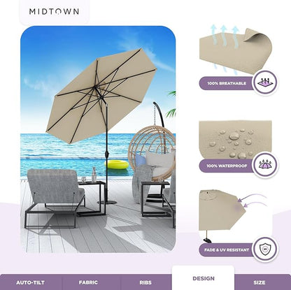 Midtown Umbrellas 10-Year-No-Fade - 9 Ft - UV Proof Beige Polyester Fabric - Umbrella Outdoor Patio, Auto-Tilt Aluminum Frame Patio Umbrella for Garden, Pool & Deck - Black Pole