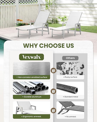 Patio Chaise Lounge Chair Outdoor with Wheels&Armrests, Aluminum Pool Lounge Chairs Set of 2 Five-Position Adjustable Recliner, Outdoor Beach Lounge Chairs for Poolside, Patio, Deck, Yard, White