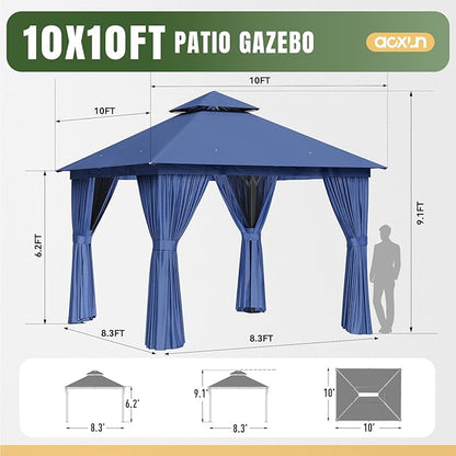 AOXUN Outdoor Gazebo for Patio 10x10, Metal Frame Canopy with Double Roofs, Heavy Duty Party Tent and Shelter with Mosquito Netting and Privacy Screen for Backyard, Lawn, Garden, Deck (Navy)