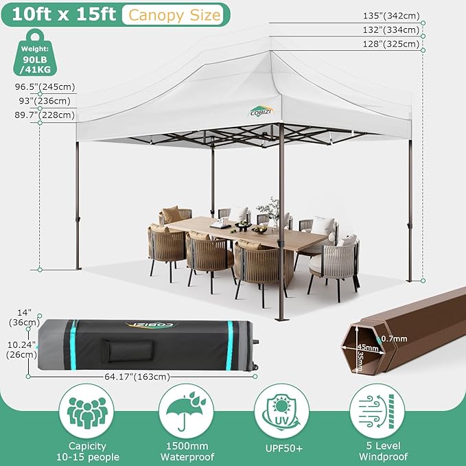COBIZI 10x15 Pop Up Heavy Duty Canopy with Upgrated Hexagonal Legs, Easy up Tent for Parties, Commercial and Wedding, Outdoor Canopy with Roller Bag, Sand Bags, Waterproof & UPF50+ (White)