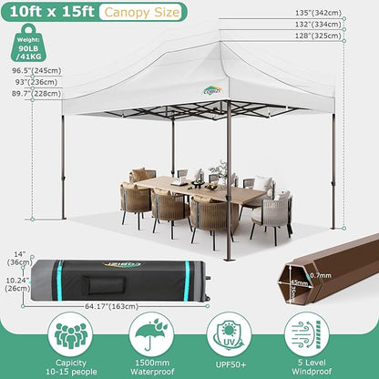 COBIZI 10x15 Pop Up Heavy Duty Canopy with Upgrated Hexagonal Legs, Easy up Tent for Parties, Commercial and Wedding, Outdoor Canopy with Roller Bag, Sand Bags, Waterproof & UPF50+ (White)