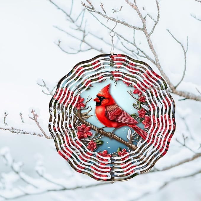 3D Red Cardinal Wind Spinner 10 Inch Stainless Steel Bird Wind Sculpture Kinetic Art Hanging Ornament for Outdoor Garden, Yard, Patio, and Home Decoration Christmas Decor