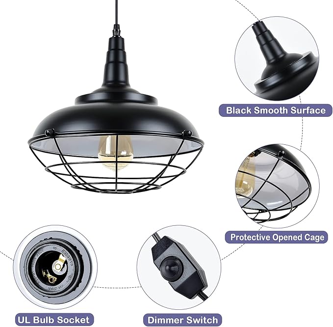 HMVPL Plug In Hanging Light Fixtures, Black Cage Plug In Pendant Light, Metal Outdoor Chandelier for Gazebo Porch, industrial Farmhouse Hanging Lamp for Kitchen Island Dining Room Bedroom Sink Hallway